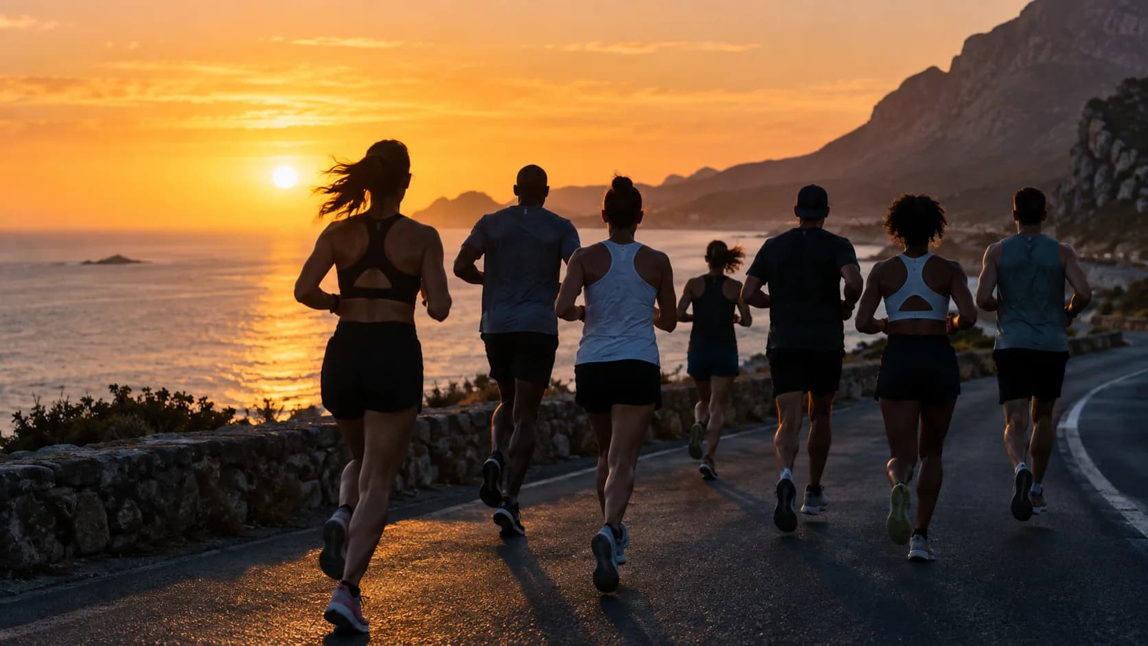A group of runners moving along a coastal road at sunset