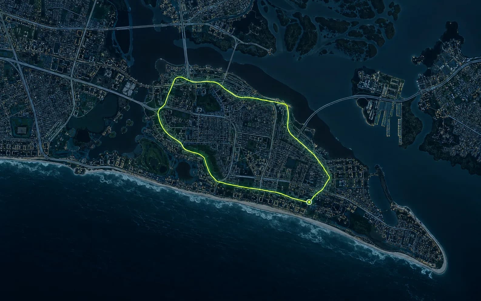 Illustrative dark coastal map with a highlighted running route