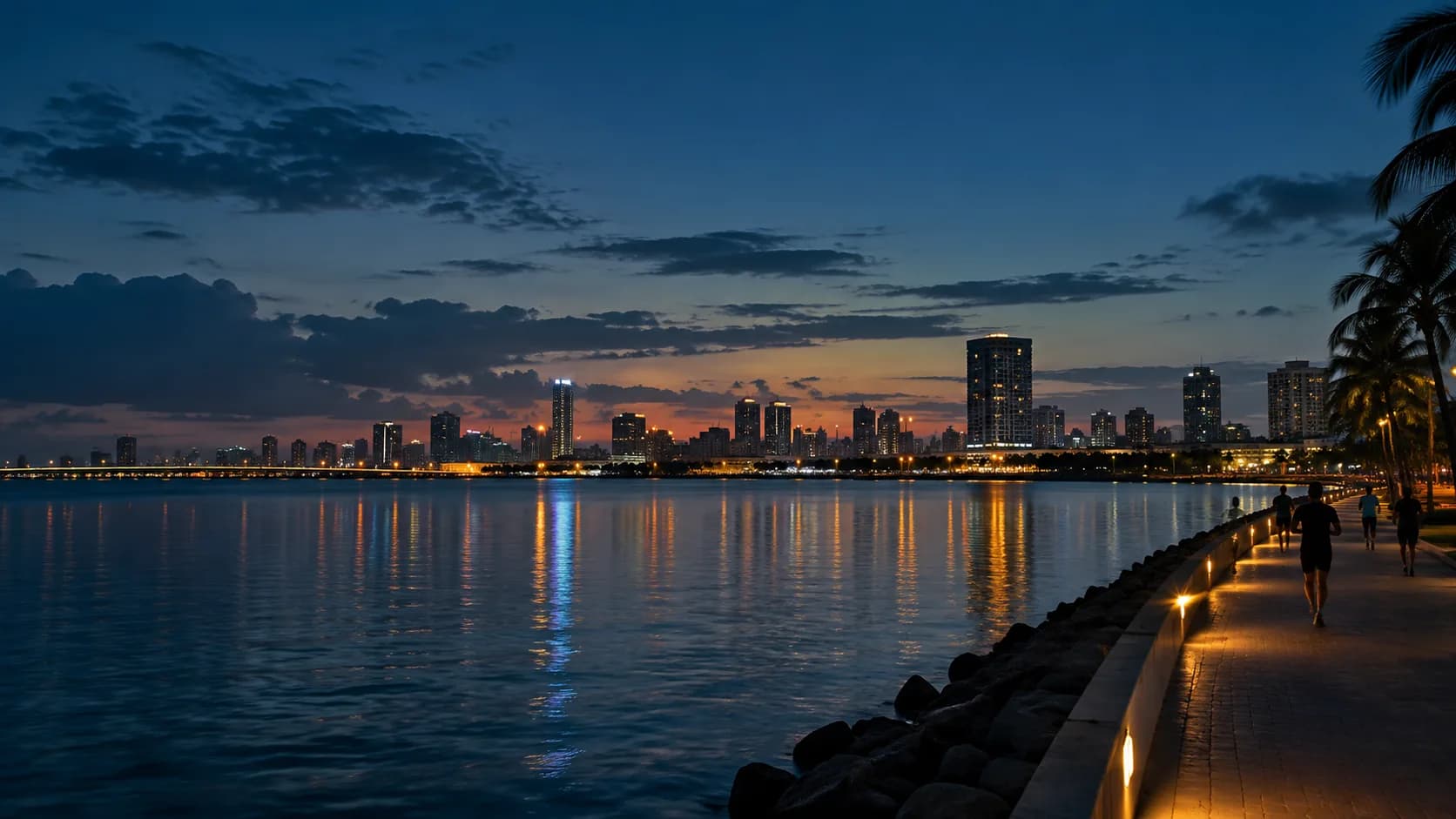 Runners along a waterfront at dusk