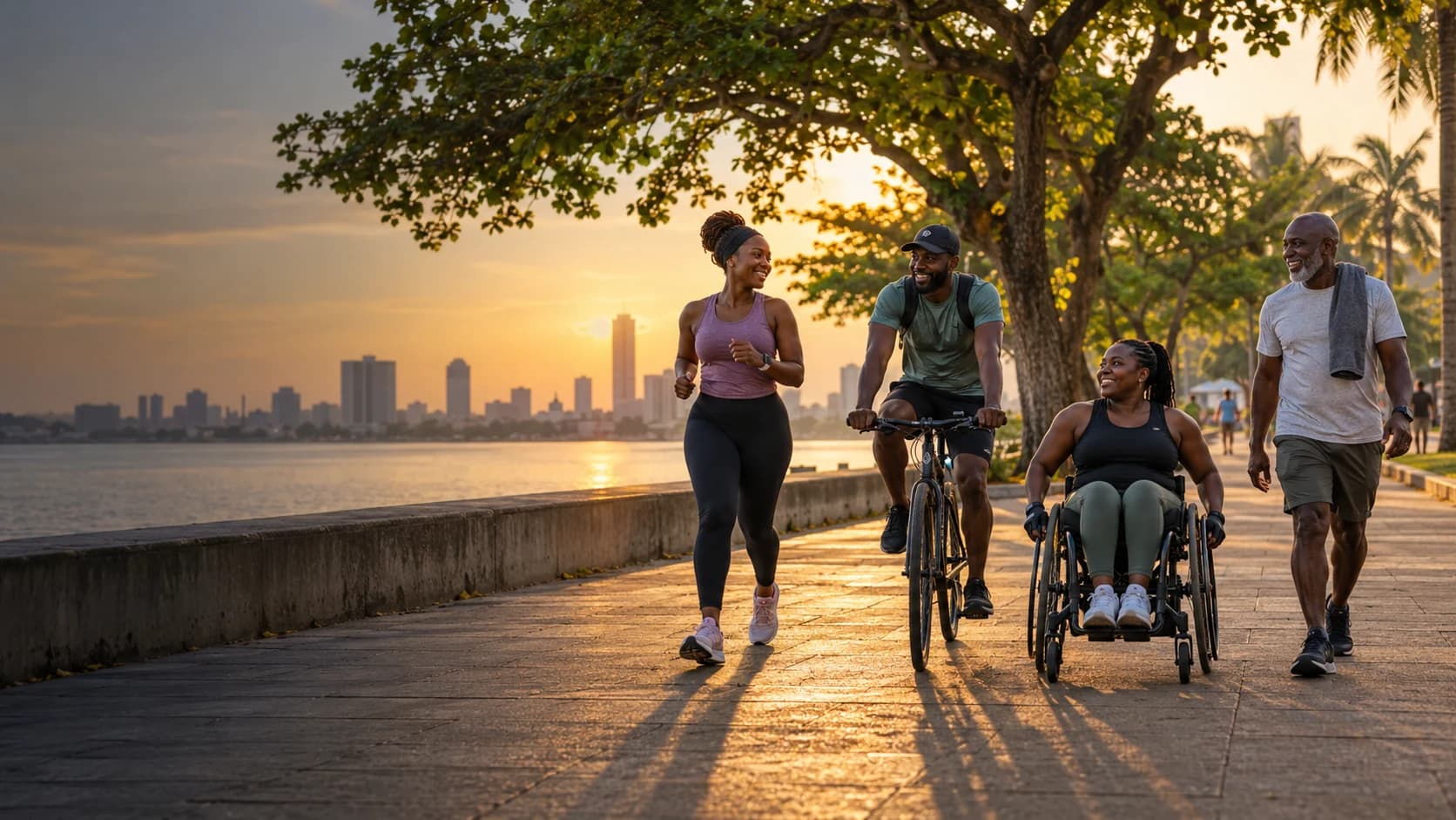 A woman runs, a man cycles, a wheelchair user moves alongside an older walker at sunrise